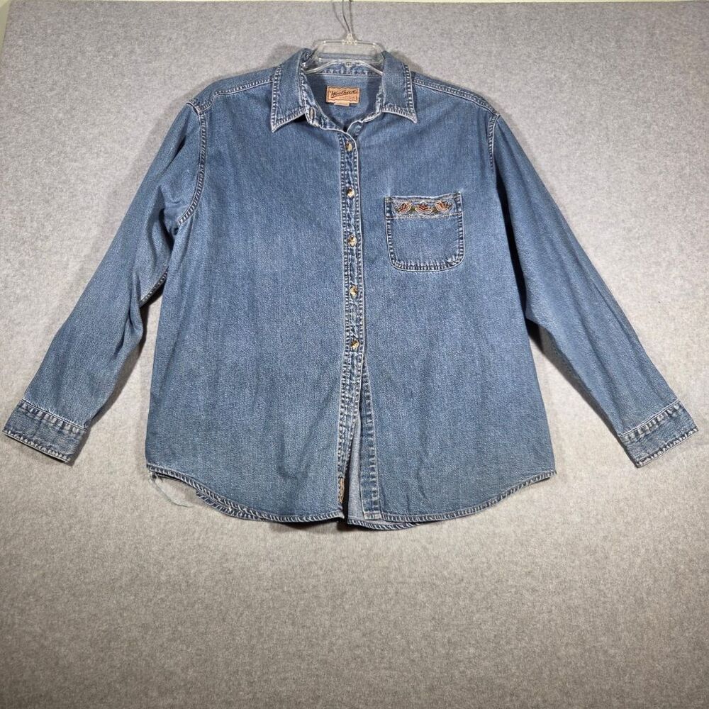Woolrich Womens XL Denim Shirt Embroidered Floral Button Up Long Sleeve Vintage